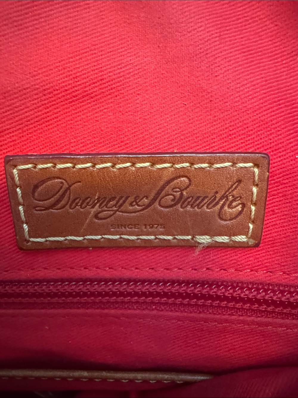 Dooney & Bourke Red Pebbled Leather Satchel with Tan Trim and Tassel - Picture 3 of 4